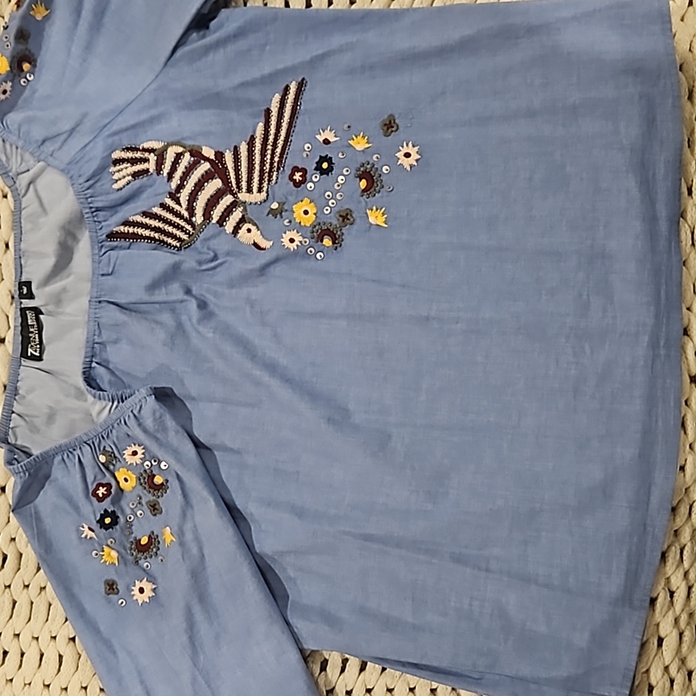 New York and Company woman's Off shoulder blue, flower embroidery, size large